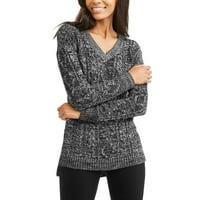 Женски кабелски плетен џемпер од тоника со врат