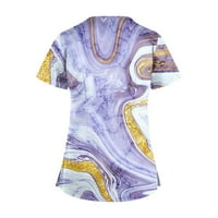 Блуза Краток Ракав Повик Графички Отпечатоци Блузи V-Вратот Лето За Жени Светло Виолетова XL