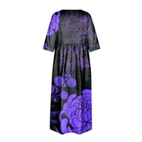 Дозвола Летни Фустани За Жени Краток Ракав А-Линија Средна Должина Мода Печатени Круг Деколте Фустан Виолетова XL